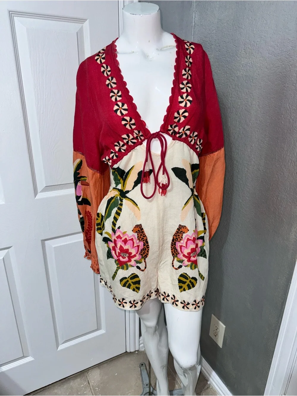 Anthropologie Pink and Cream Embroidered V-Neck Romper - Picture 11 of 17